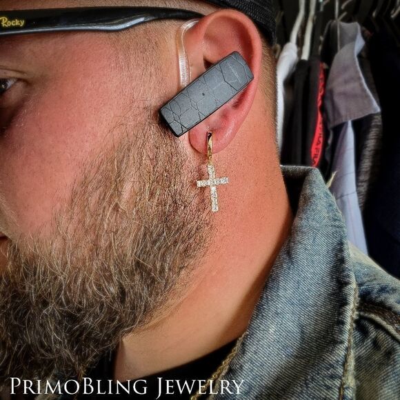 Gold Asscher Cut Cross Earrings - Picture 2 of 4